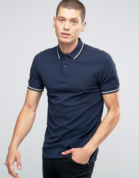 Short Sleeve Ribbed Collar and Sleeve Twin Tip Side Slits Navy Men's 100% Cotton Breathable Pique 200g Blank Casual Polo T-Shirt