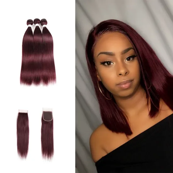 RuiMei Wholesale Best Sale Hair 8A 100% Cuticle Aligned Human Hair Extensions Red Color 99J Bundles With Closure Hair Waeving