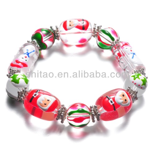 Handmade Glass Snowman and Santa Christmas Style Stretched Bracelet