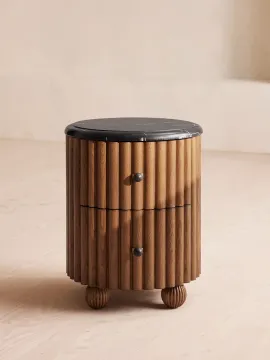 Round Marble Top Solid Wood Nightstand with Drawer