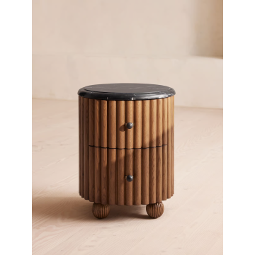 Runder Marmorobertisch -Holz -Nachttisch mit Schublade