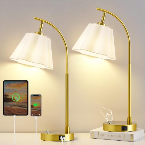 Rotatable Fabric Shade Nightstand Lamps Dual USB Charging