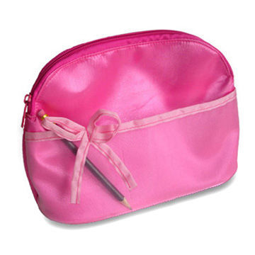 Cosmetic Bag with Nylon Mesh Pocket on Front, Made of Satin