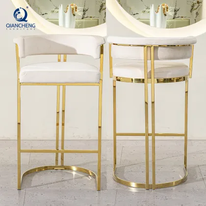 QIANCHENG Velvet Barrel Back Bar Stool for Modern Luxury Dining