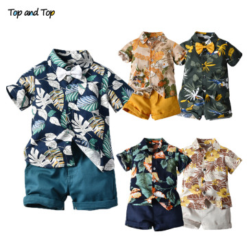 Top and Top Hawai Boy Clothing Set Summer Fashion Floral Short Sleeve Bowtie Shirt+Shorts Boy Casual Clothes Gentleman 2Pcs Suit