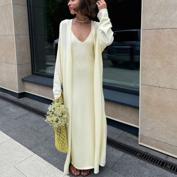 Autumn Fashion Solid Knit Cardigan Set with Long Sleeve Blouse Dress for Women