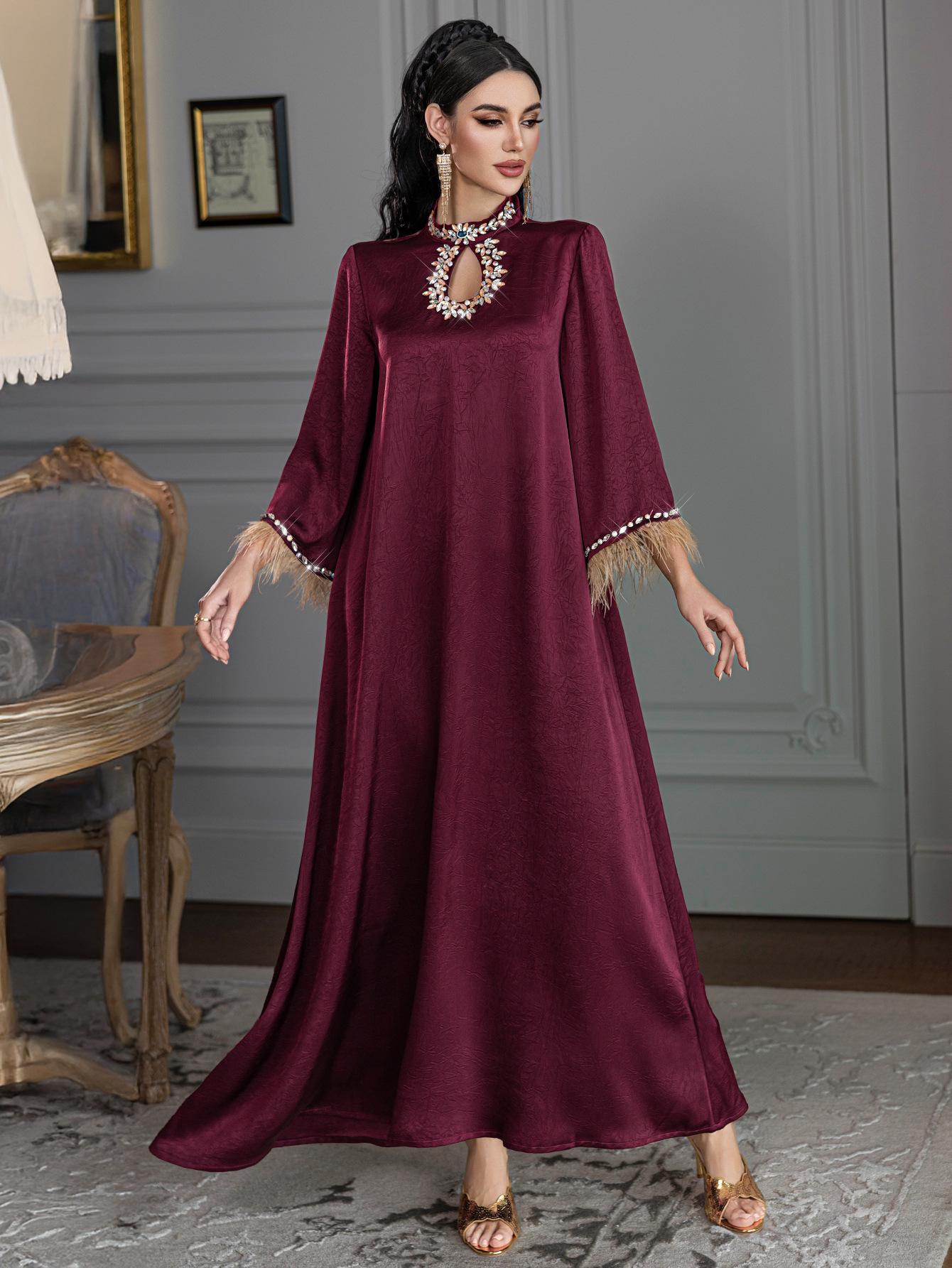 Feather Trim Satin Embellished Abaya Dress Design