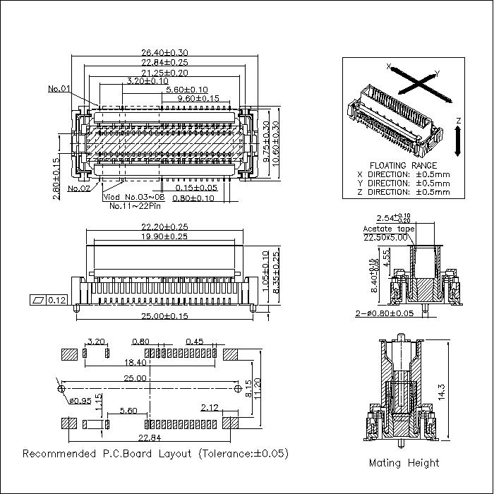 BBF0.8F-XXXX04 0.8MM Floating Board to Board Female Socket With Post Mating Height 14.3MM