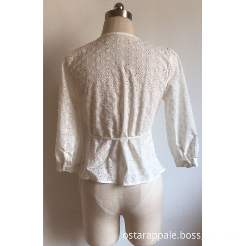 V-neck Stitches Plaid Short Ladies Blouse
