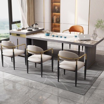 Modern Kitchen Island with Stainless Steel Base and Rock Plate Top for Restaurant Dining Tables