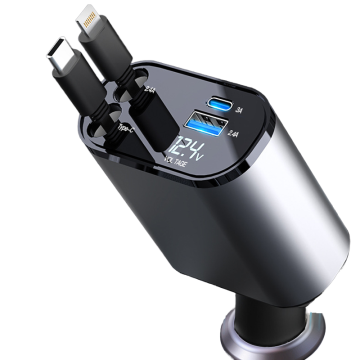 4 in 1 Fast Car Phone Charger - Retractable Amazon Hot Selling Car Charger with USB C and Lightning Adapter