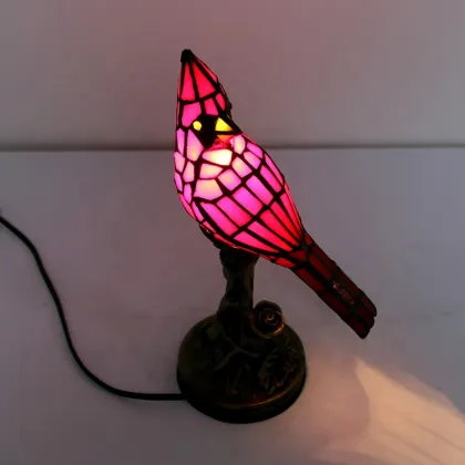 LongHuiJing Small Vintage Tiffany Style Stained Glass Red Cardinal Accent Table Lamp