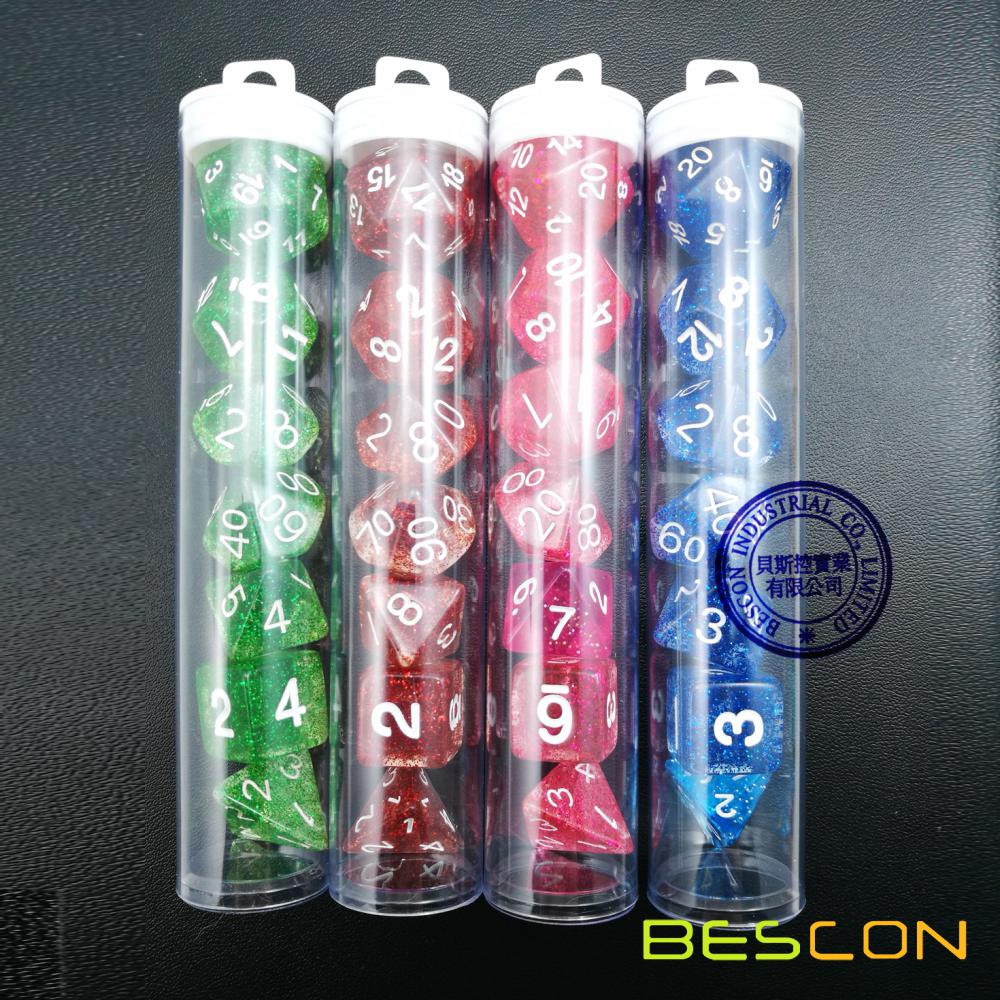 Bescon Assorti Coloré Glitter Polyédéric Dice set de 7pcs, Glitter RPG Dice Set