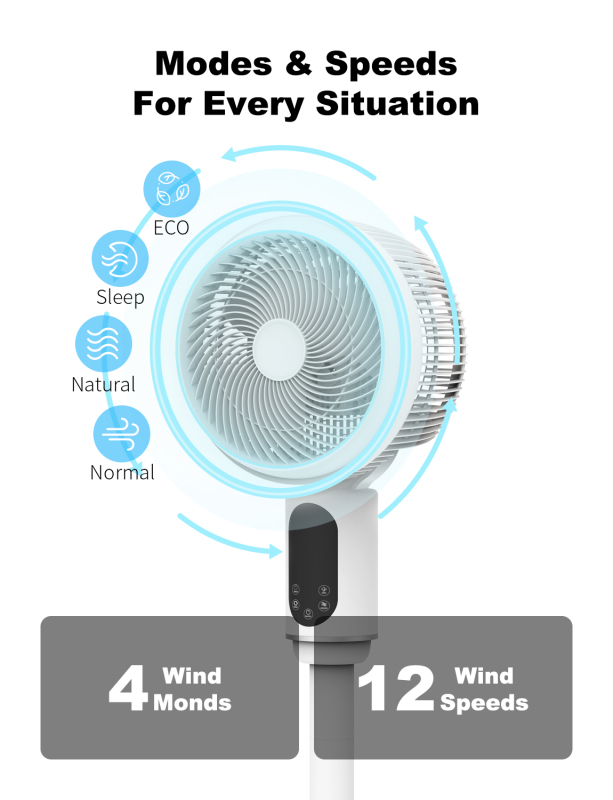 HONETIAN smarter low noisy adjustable hot sellers 12 speeds 4 wind modes plastics 8 inches DC Circulator Stand Fan