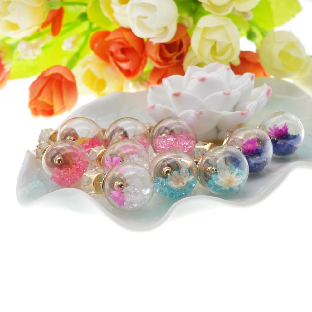 Plaqué Or Blanc Diamant Cristal Multicolore Sable Dérivé Perles Boule De Verre Piercing Double Face Boucles D&#39;oreilles Stud Post