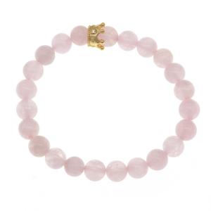 Handmade Rose Quartz Gold Crown Bracelet With 8mm Round Beads Women