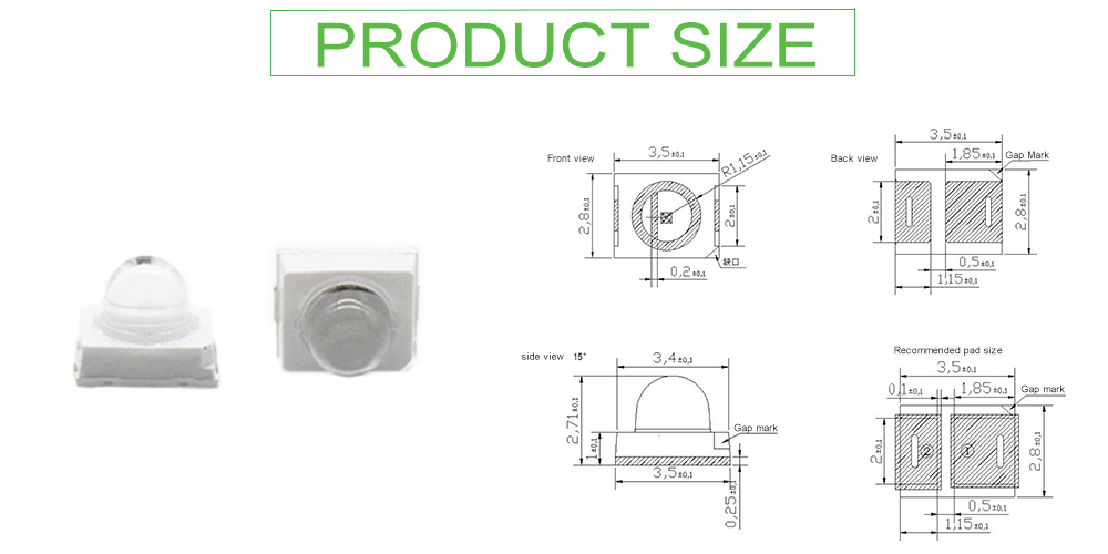 Size of 2835LGC57D5L12A15 Dome Lens SMD LED 570nm LED Yellow-Green 15-Degree 570 nm Standard LEDs