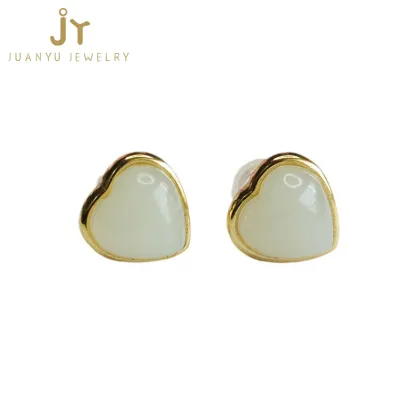 925 Sterling Silver Heart-Shaped Jade Earrings with Gold Plating - High Quality Hetian Natural Jewelry