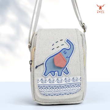 Meiyi Bolso bandolera con solapa Happy Elephant de algodón y lino
