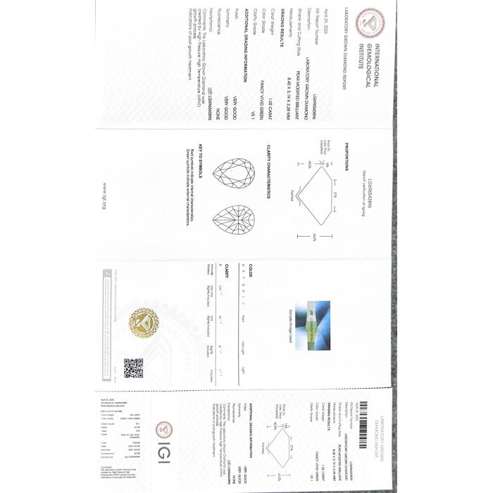 เพชร Lab สีเขียวสดใส 1.02CT PEAR VS1 HPHT