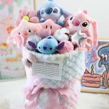 Wholesale Valentine's Day & Birthday Gift Ideas: Cartoon Pink Lilo & Stitch Doll Flower Basket Bouquet Plush Toys for Girlfriends