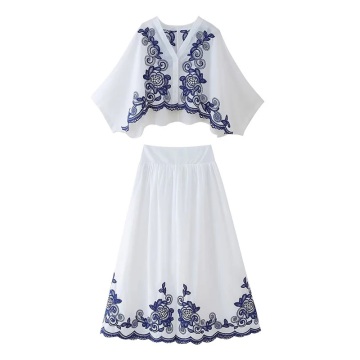 2024 Summer Women's Batwing Sleeve V Neck Shirt & Flower Embroidered Skirt Set