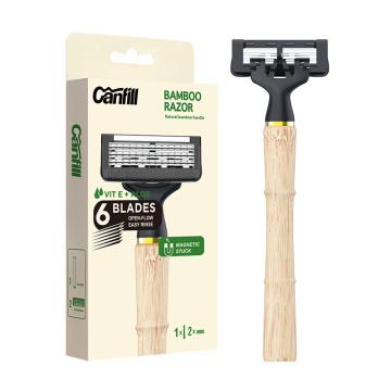 Customize Your Shaving Razor: Bamboo Handle with Magnetic Connection & 6 Blades