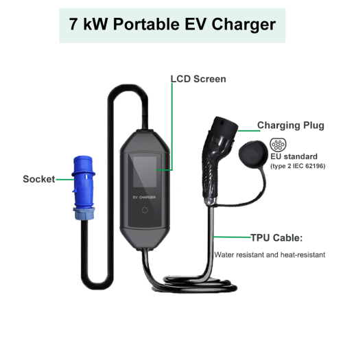 7kW AC Portable Type EV Charger LCD Screen