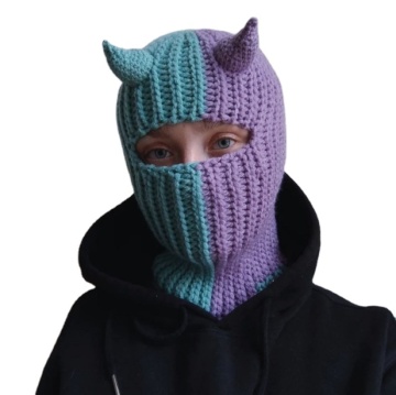 Halloween Party Funny Crochet Devil Horn Ski Face Cover Mask Hat Knitted Balaclava