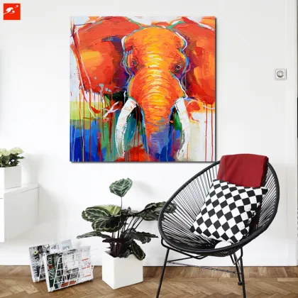 Orange Elephant Oil Painting with Frame