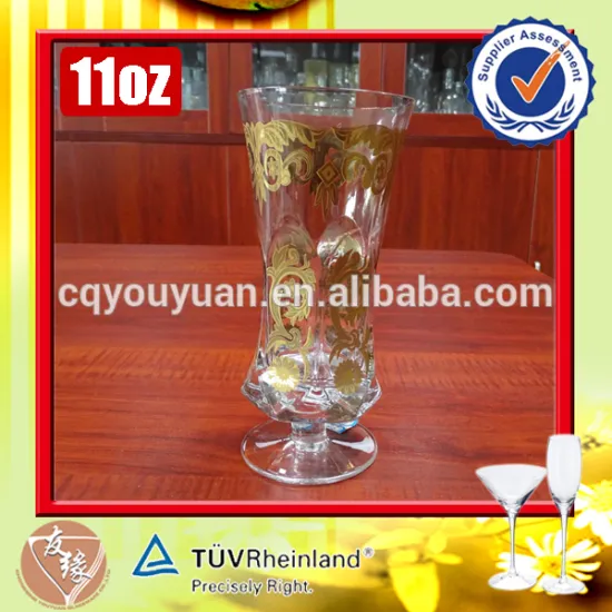 Hot selling beautiful mouthblown shot stem gold decaled 11oz giant glass cup