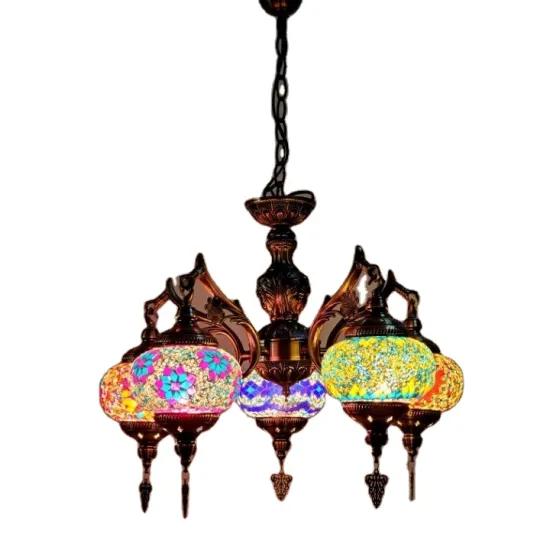 Turkish Stained Glass Mosaic Handcrafted Multi-Lamp Chandelier