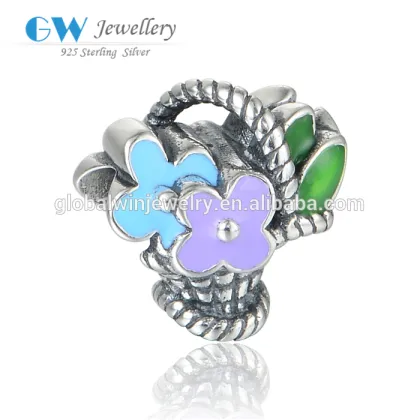 Elegant Flower Basket Sterling Silver Charm Enamel Bracelet Charm