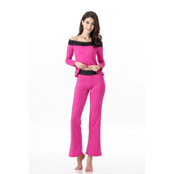 Women Spring Rose Red Solid Long Sleeve Slash Neck Quality of Milk Rayon Full Length Pajamas for Adult