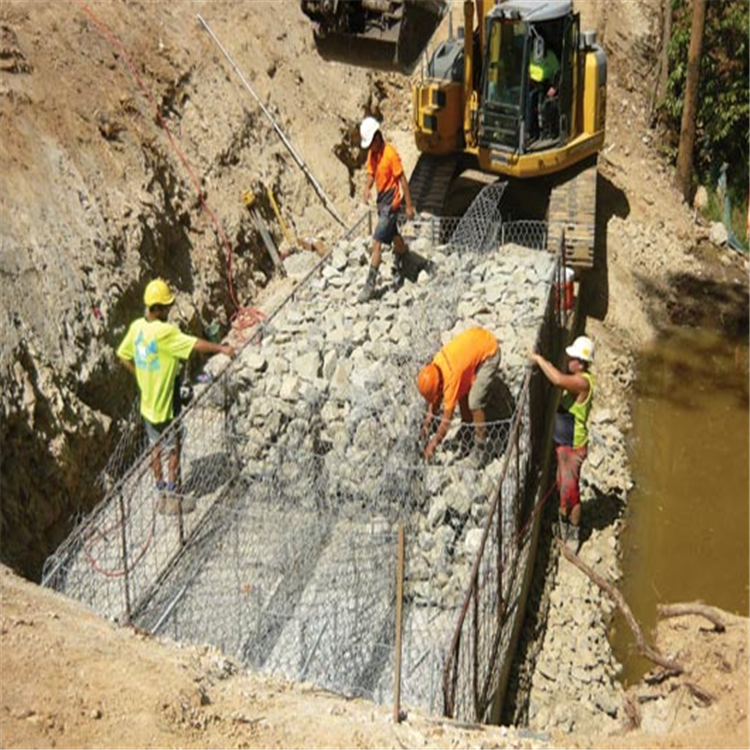 River flood control stone filled galvanized gabions