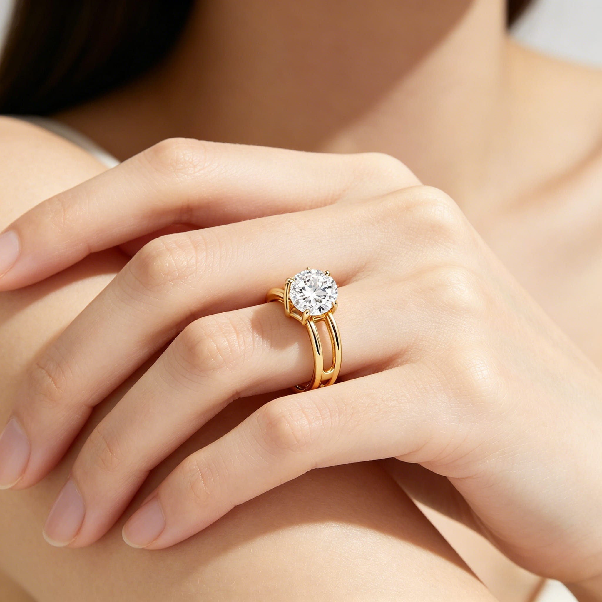 Cincin Pertunangan Berlian Tumbuh Lab Kustom Emas 18K berkilau di bawah pencahayaan alami yang lembut