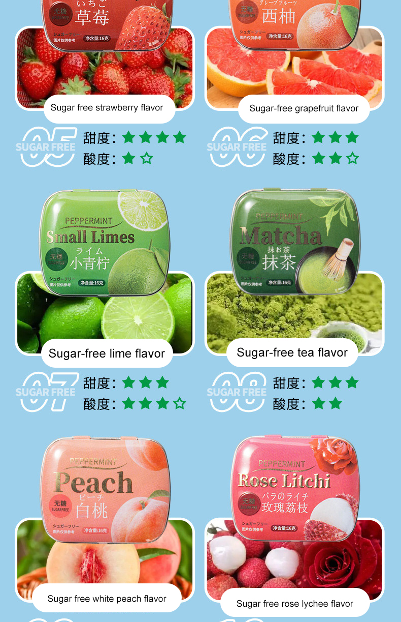 OEM ODM Vegan Custom Fruit Flavor Tin Box Cool Hard Mint Candy Vitamin C Fresh Breath Sugar Free Mints