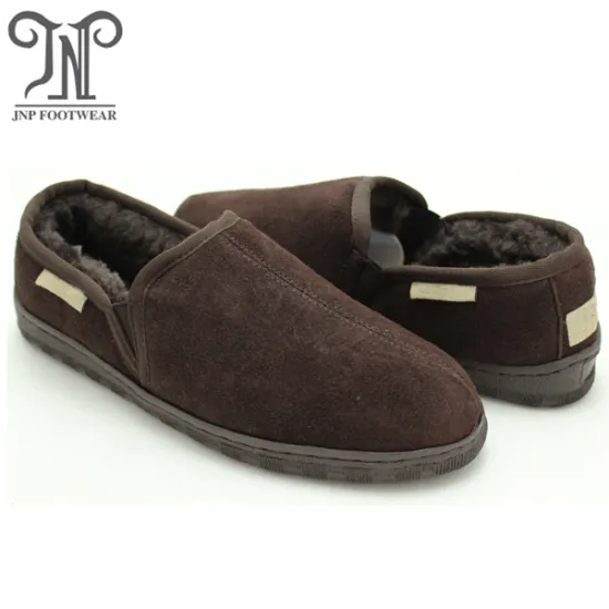 men comfortable warm leather indoor fur slippers