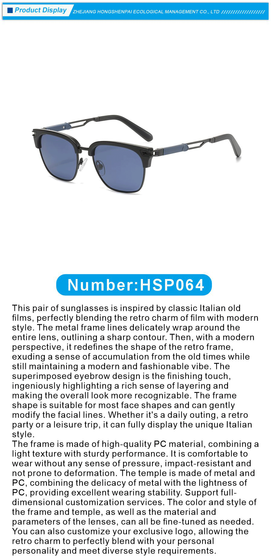 PC Metal Blue Sunglasses Hybrid Material