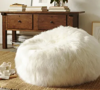 Beanbag White Floor Pillow Pouf Polyester Blend , Long Shaggy Faux Fur Pouf