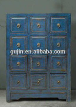 MING STYLE DISTRESSED BLUE WOOD TALLBOY DRESSER