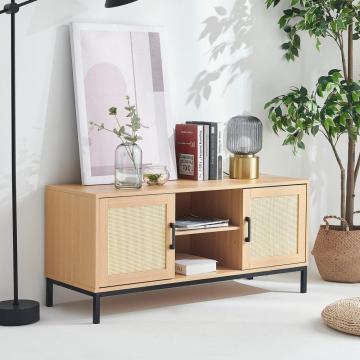 Rattan TV Stand Gabinet, moderno gabinete de medios de comunicación Centro de entretenimiento para televisores de hasta 50 &quot;, mesa de consola de televisión de madera de madera con