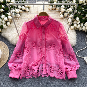 LW0187 French Style Women's Hollow Embroidery Lantern Sleeve Single Breasted Blouse