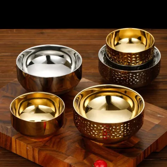 High-Quality Golden 304 Stainless Steel Thickened Double-Layer Insulation Bowl