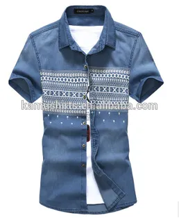 Men's Printed Denim Shirts Short Sleeve Denim Shirt For Men Washed Denim Casual Shirt