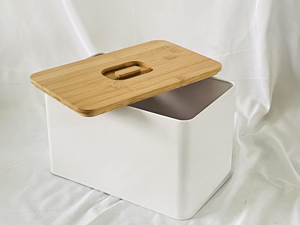 White Metal Wood Lid Bread Box