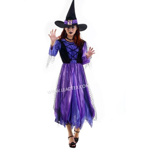Trajes de halloween adultos vestido de bruxa clássica com chapéu