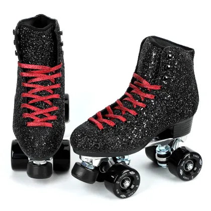 Professional Quad Roller Skates with 4 Wheels, Black Glitter Style and Patines - New Roller Blades for Skating