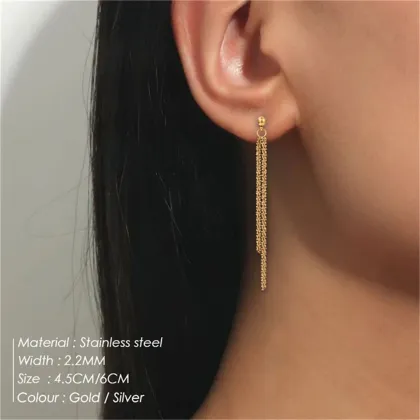 Gold Plated Long Earrings with Simple Stainless Steel Chain Tassel Stud Earrings