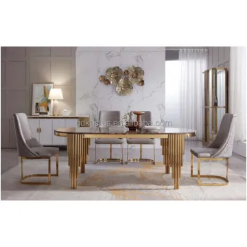 Modern stainless steel dinning table set dining room furniture wedding dining table set with 6 chairs